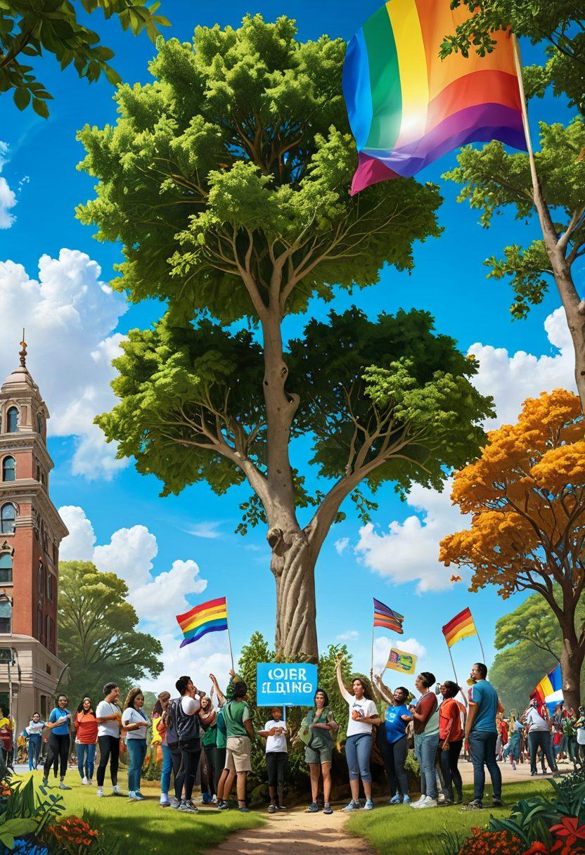 A vibrant scene depicting a diverse group of individuals of various queer identities engaging in environmental advocacy, surrounded by lush greenery and wildlife. Illustrate them planting trees, holding signs with slogans about conservation, and interacting with nature. Include elements that symbolize both pride and environmental sustainability, like rainbow flags woven into the branches of trees. The background should feature a bright blue sky with fluffy clouds to convey hope and unity. super-realistic. vibrant colors. 3D.