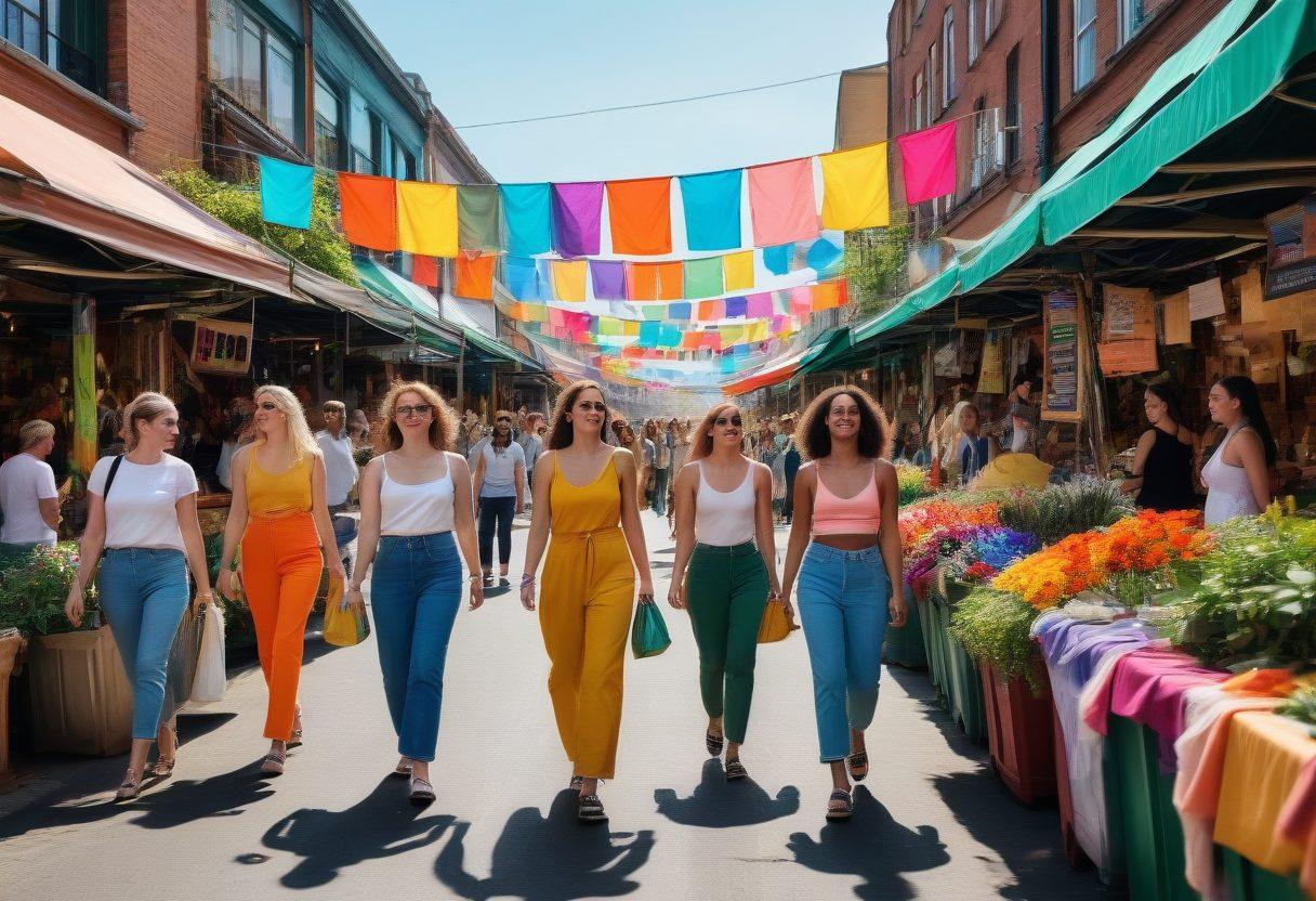 A vibrant street scene showcasing LGBTQ+ individuals wearing sustainable fashion, surrounded by colorful banners celebrating diversity and environmentalism. Include elements such as recycling bins, plants, and a lively market with eco-friendly goods. Capture a sense of community and unity, reflecting the spirit of zero waste living. Use bright colors and dynamic poses to convey energy and inclusivity. super-realistic. vibrant colors. 3D.