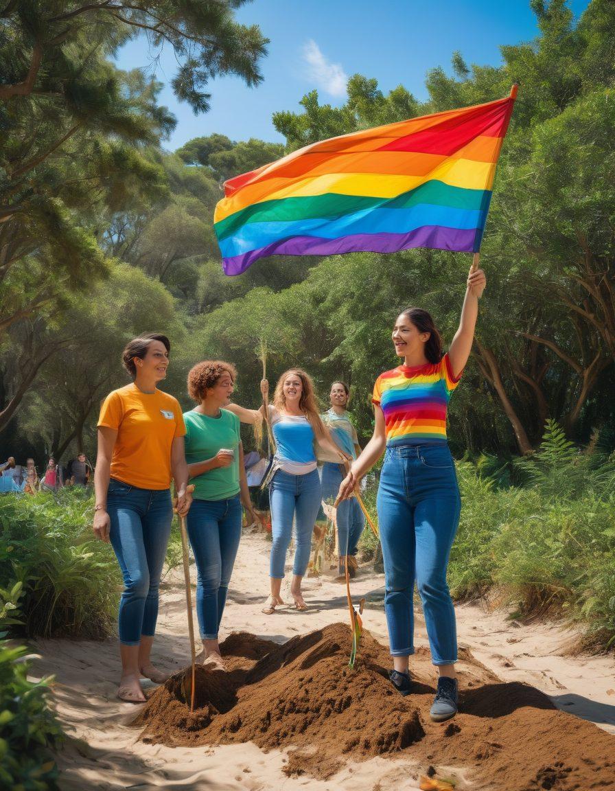 A vibrant and colorful scene depicting members of the LGBTQ+ community engaged in various eco-activism activities, such as planting trees and cleaning up a beach. Incorporate symbols of pride, like rainbow flags and diverse individuals working together harmoniously with nature. The background features lush greenery and a clear blue sky, emphasizing sustainability. Include elements of community spirit and environmental care in a joyful atmosphere. super-realistic. vibrant colors.